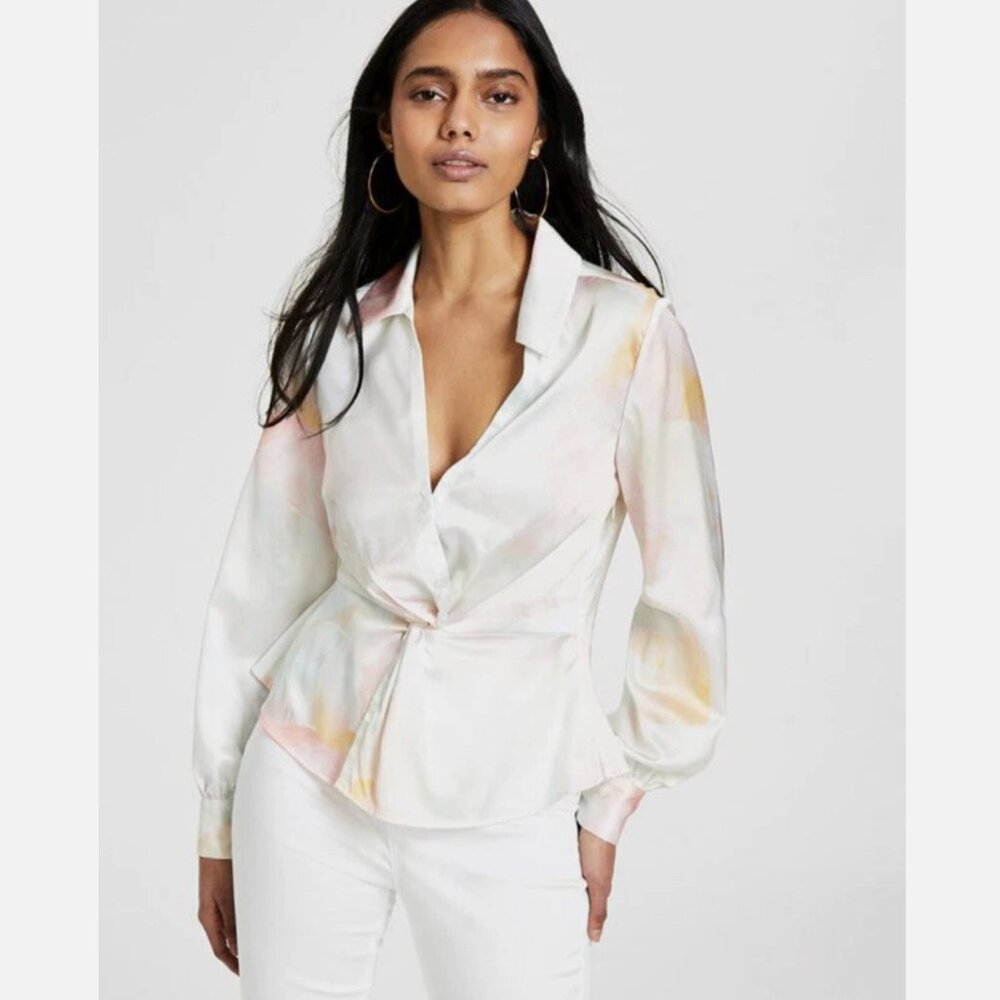 Guess Women's  Poetic Floral Print Long Sleeve Evie Satin Blouse Sz S
